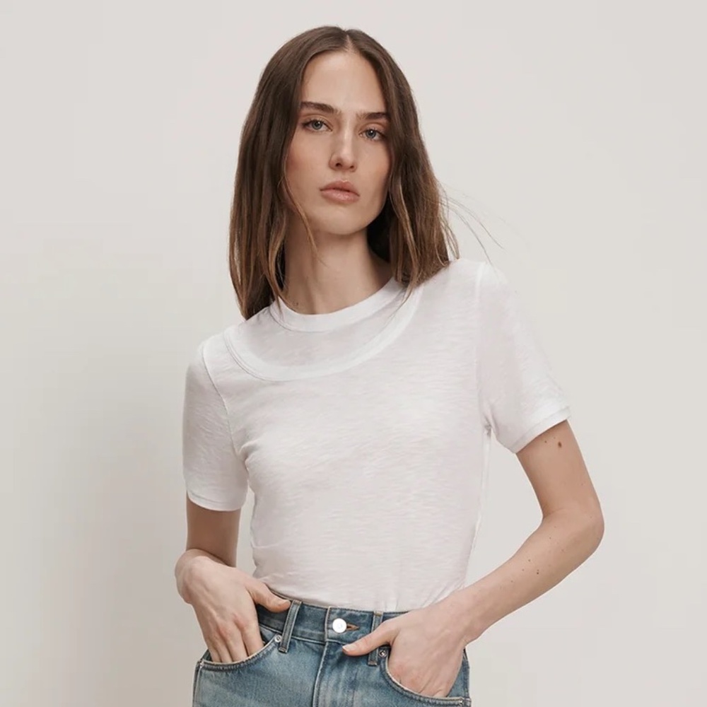 Veronica Beard Damian Double-Collar Ruched Tee size S in White NWT